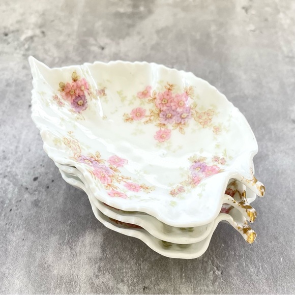 Antique Elite Limoges S M Leaf Bone Dish Plate Set Pink Flowers Gold Set 3 c1800